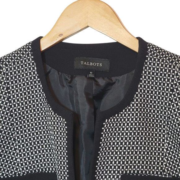 Talbots Black White Print Collarless Open Blazer Office Career Classic Jacket 10 - Picture 3 of 16